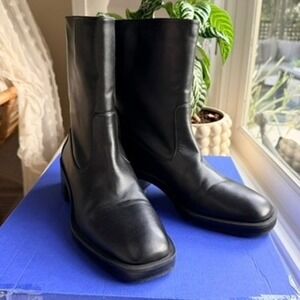 Stuart Weitzman Kaia Black Leather Bootie Block Heel Mid-Calf Boots 10B